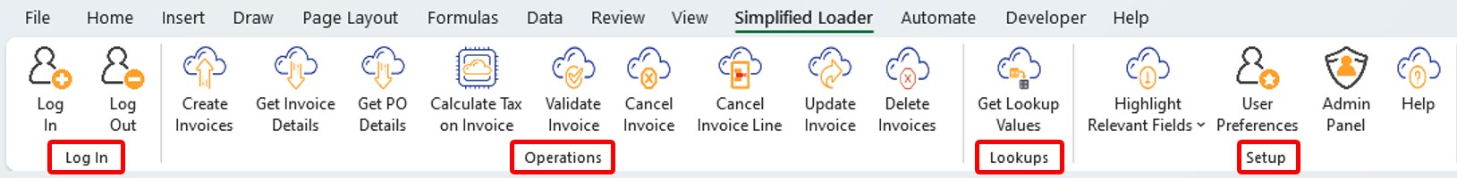 Toolbar Sections - Simplified Loader Excel for Oracle Fusion Cloud ERP